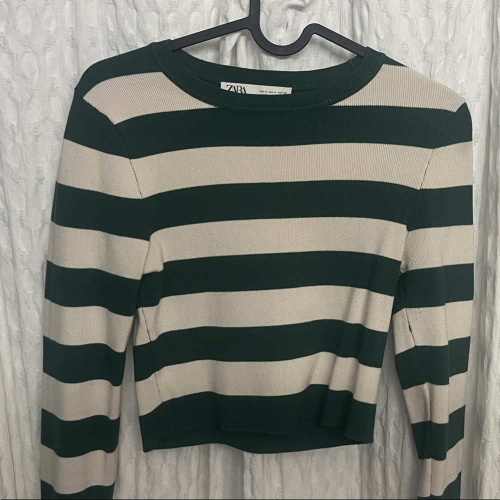 Zara Forest Green and Cream Striped Knit Top